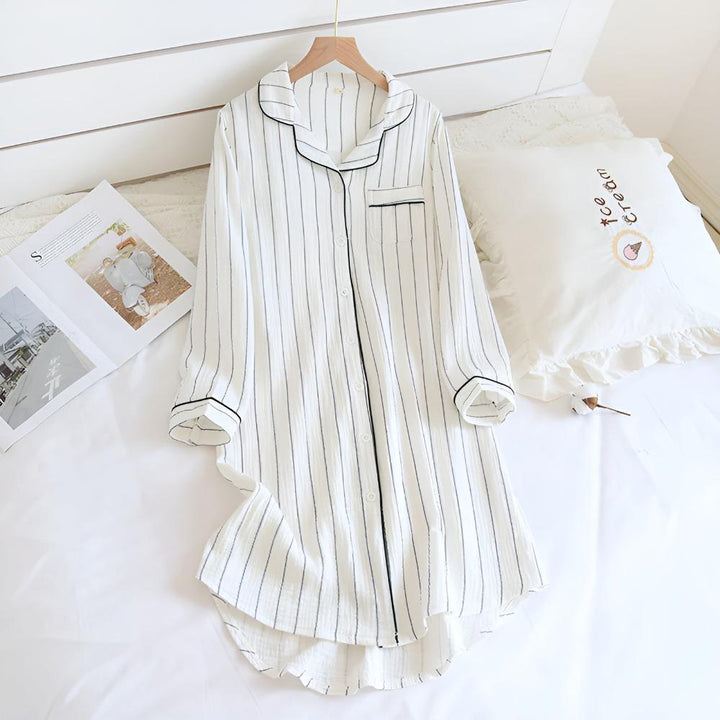 Élodie | Chemise de Nuit Rayée Coton Femme Manches Longues