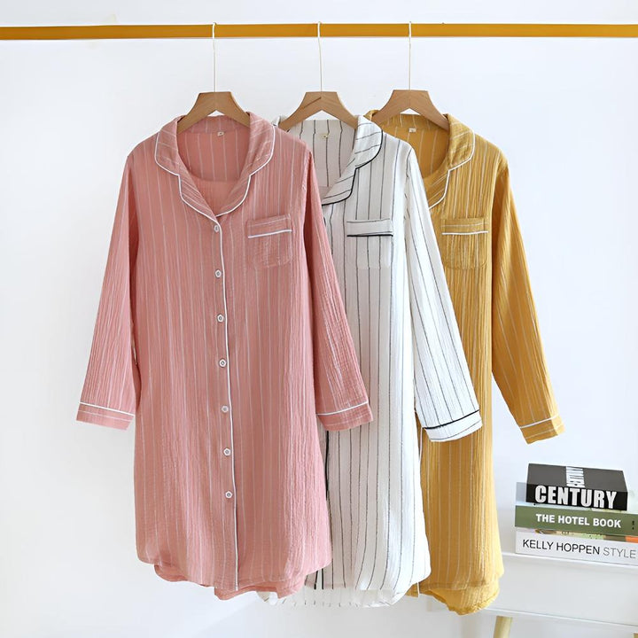 Élodie | Chemise de Nuit Rayée Coton Femme Manches Longues