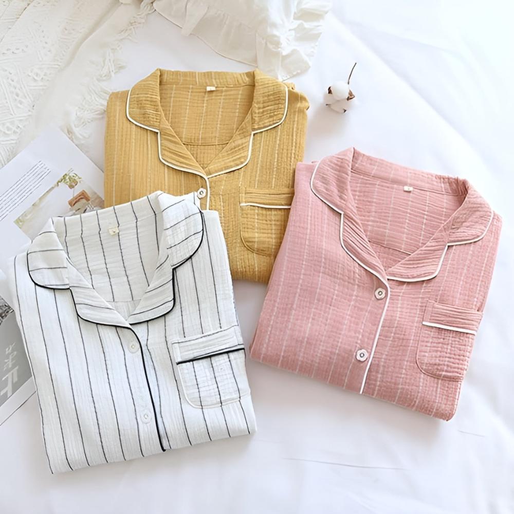 Élodie | Chemise de Nuit Rayée Coton Femme Manches Longues