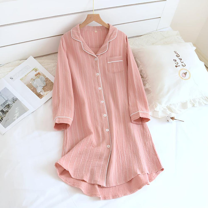 Élodie | Chemise de Nuit Rayée Coton Femme Manches Longues