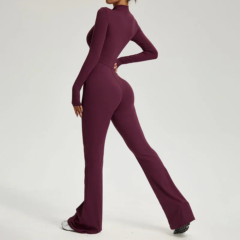 Élodie | Combinaison Femme Marron Zippée Manches Longues