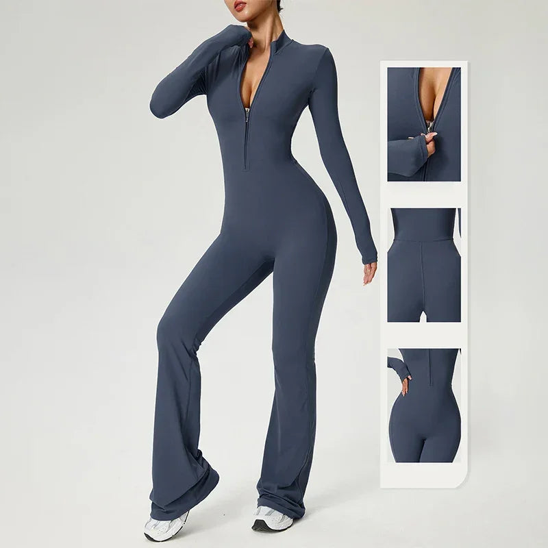 Élodie | Combinaison Femme Marron Zippée Manches Longues
