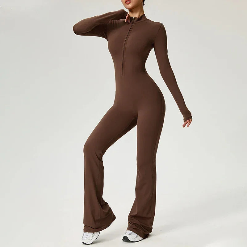 Élodie | Combinaison Femme Marron Zippée Manches Longues