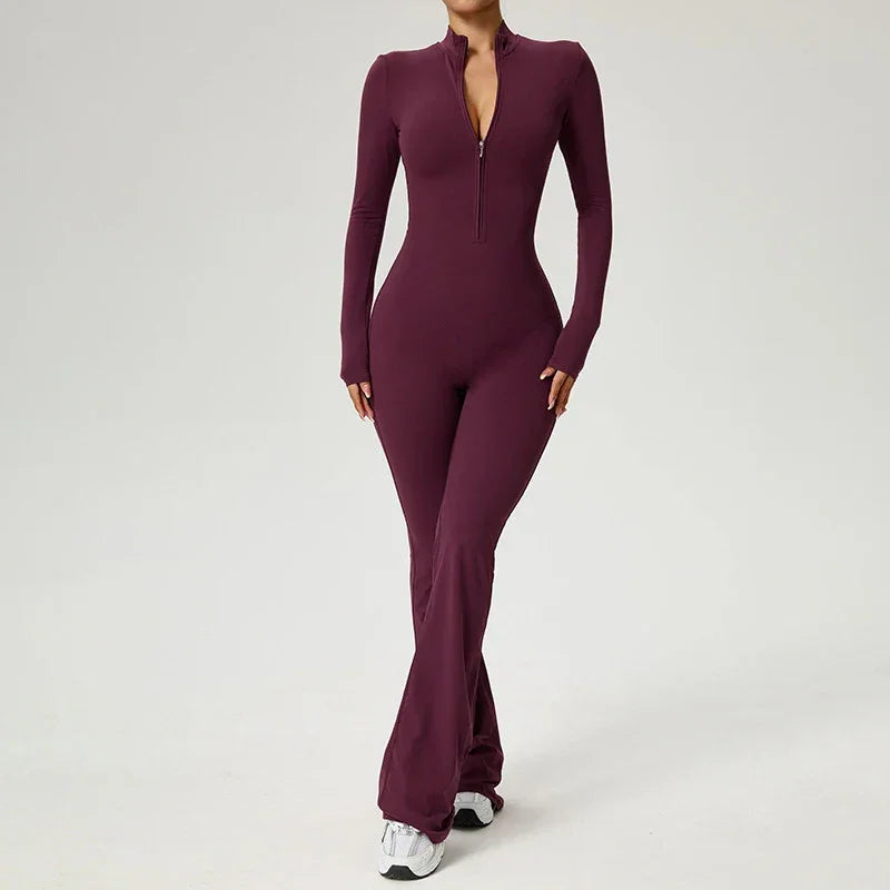 Élodie | Combinaison Femme Marron Zippée Manches Longues