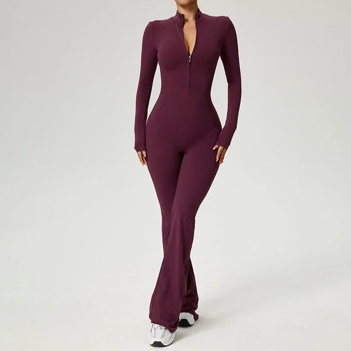 Élodie | Combinaison Femme Marron Zippée Manches Longues