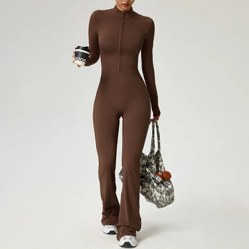 Élodie | Combinaison Femme Marron Zippée Manches Longues