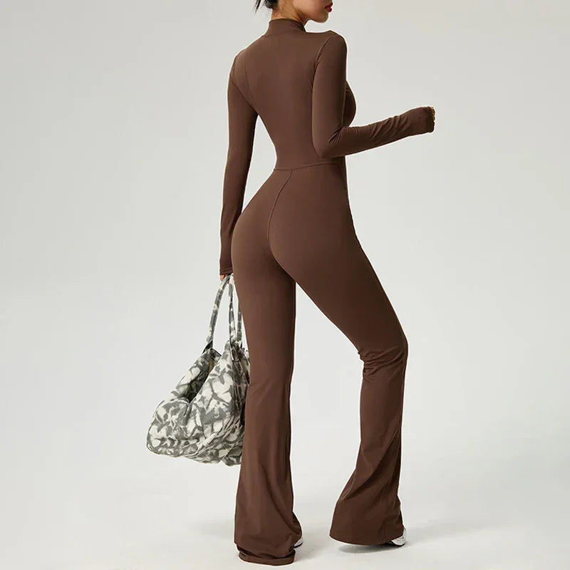 Élodie | Combinaison Femme Marron Zippée Manches Longues