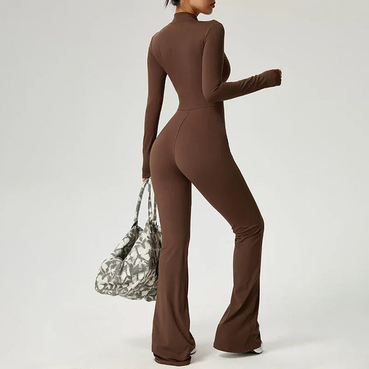 Élodie | Combinaison Femme Marron Zippée Manches Longues