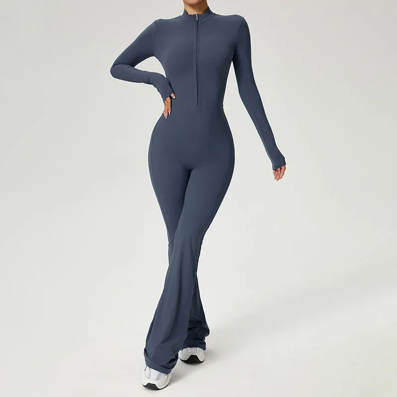 Élodie | Combinaison Femme Marron Zippée Manches Longues