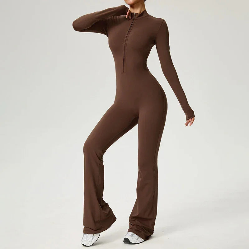 Élodie | Combinaison Femme Marron Zippée Manches Longues