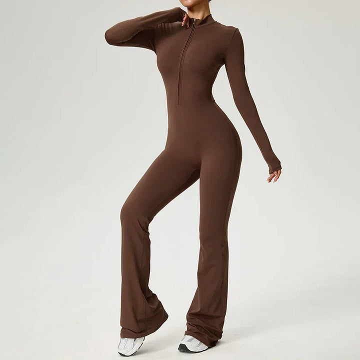 Élodie | Combinaison Femme Marron Zippée Manches Longues
