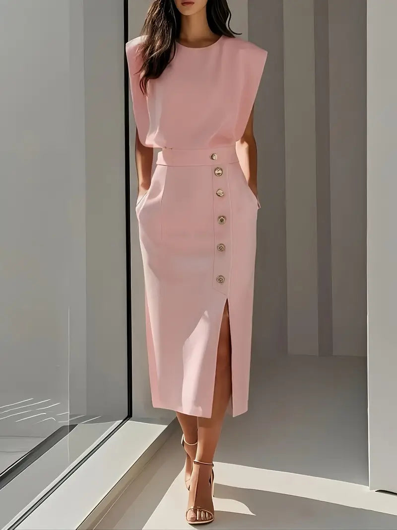 Élodie | Robe Midi Femme Fente Boutons Dorés