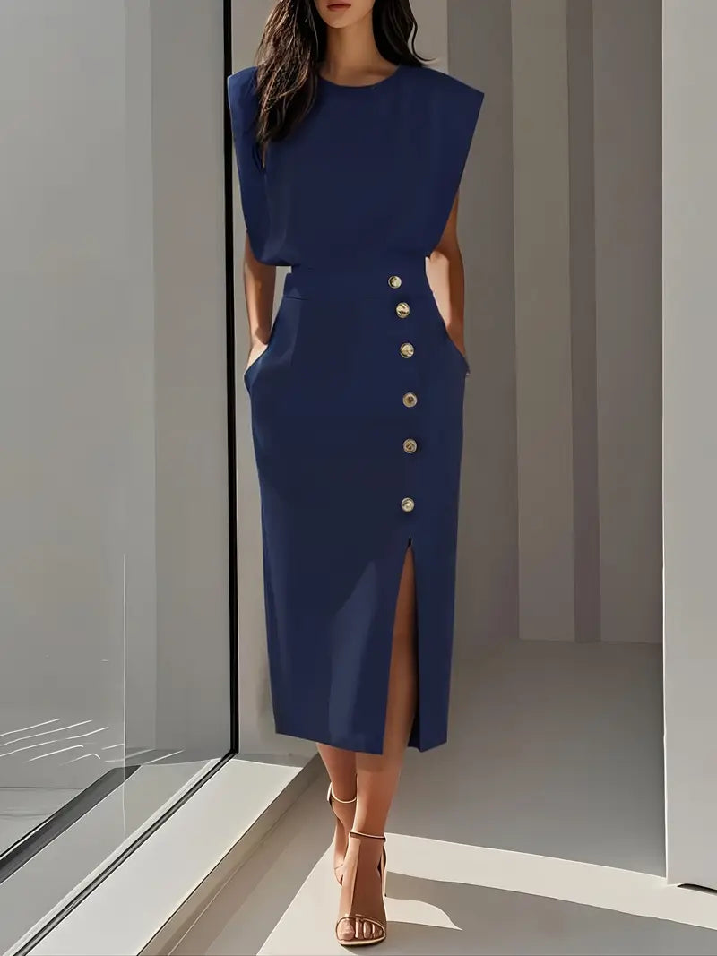 Élodie | Robe Midi Femme Fente Boutons Dorés