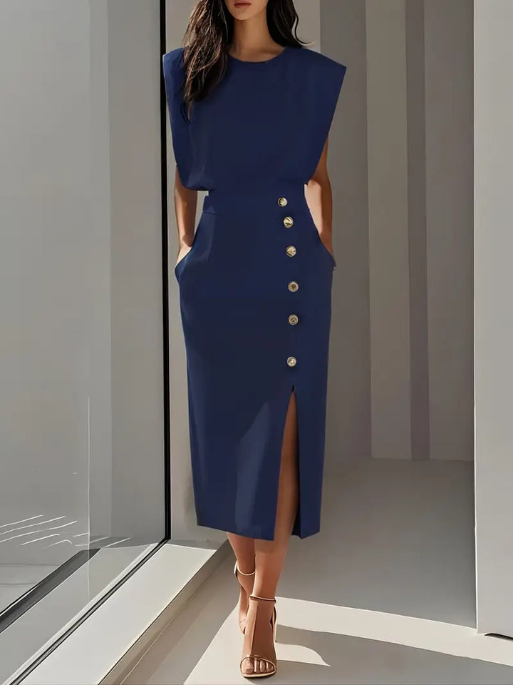 Élodie | Robe Midi Femme Fente Boutons Dorés