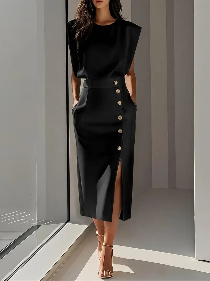 Élodie | Robe Midi Femme Fente Boutons Dorés