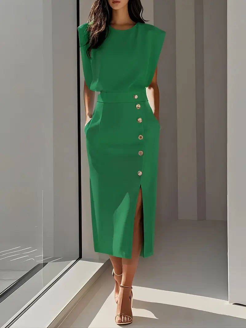 Élodie | Robe Midi Femme Fente Boutons Dorés
