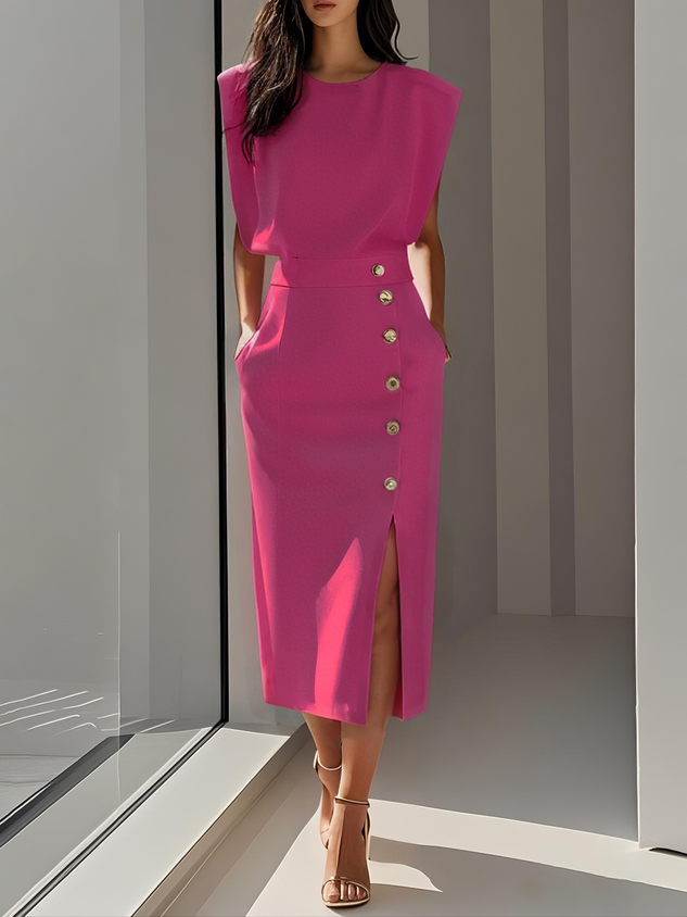 Élodie | Robe Midi Femme Fente Boutons Dorés