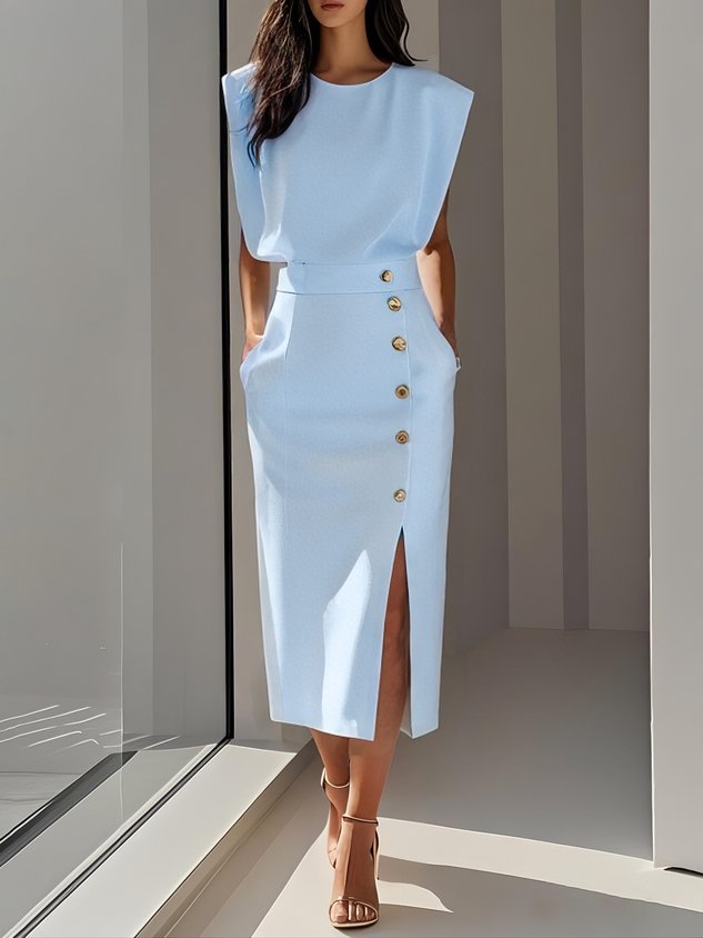 Élodie | Robe Midi Femme Fente Boutons Dorés
