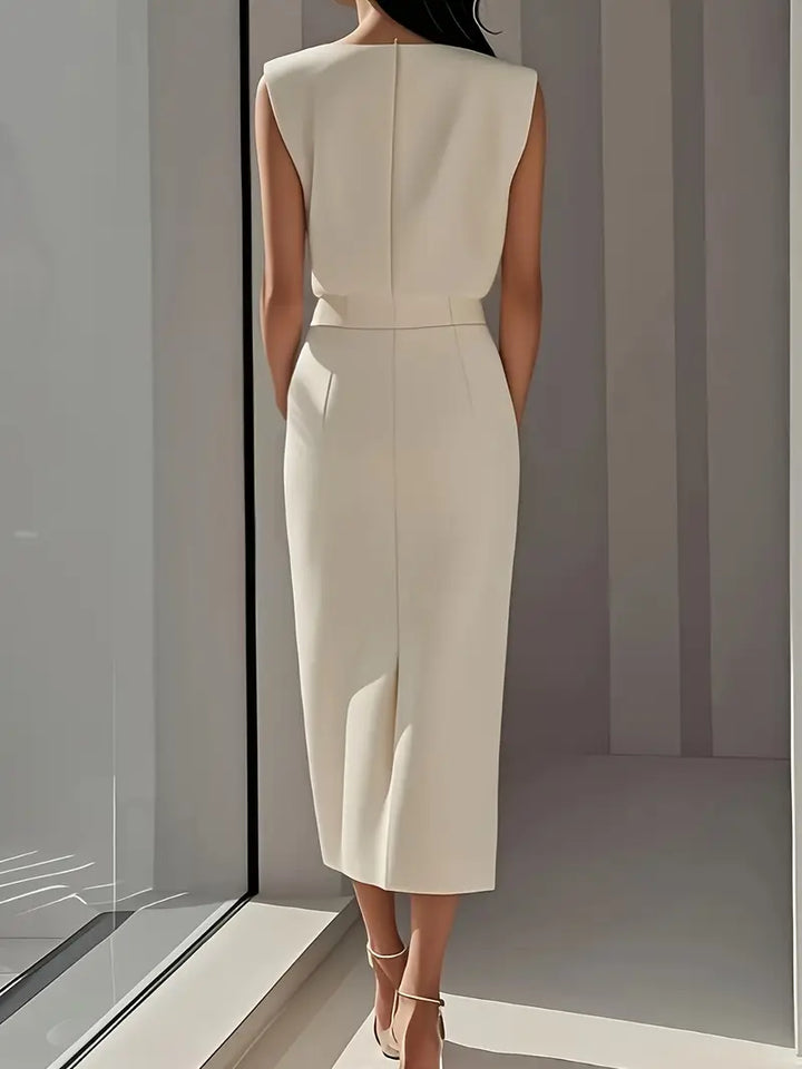 Élodie | Robe Midi Femme Fente Boutons Dorés