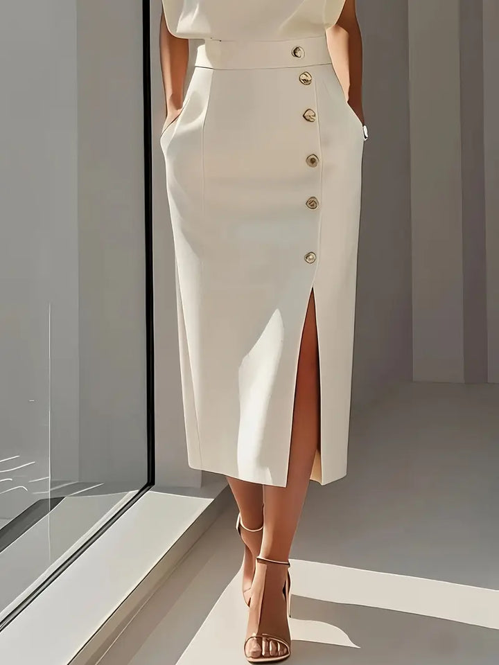 Élodie | Robe Midi Femme Fente Boutons Dorés