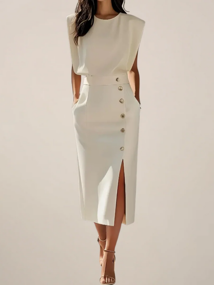 Élodie | Robe Midi Femme Fente Boutons Dorés