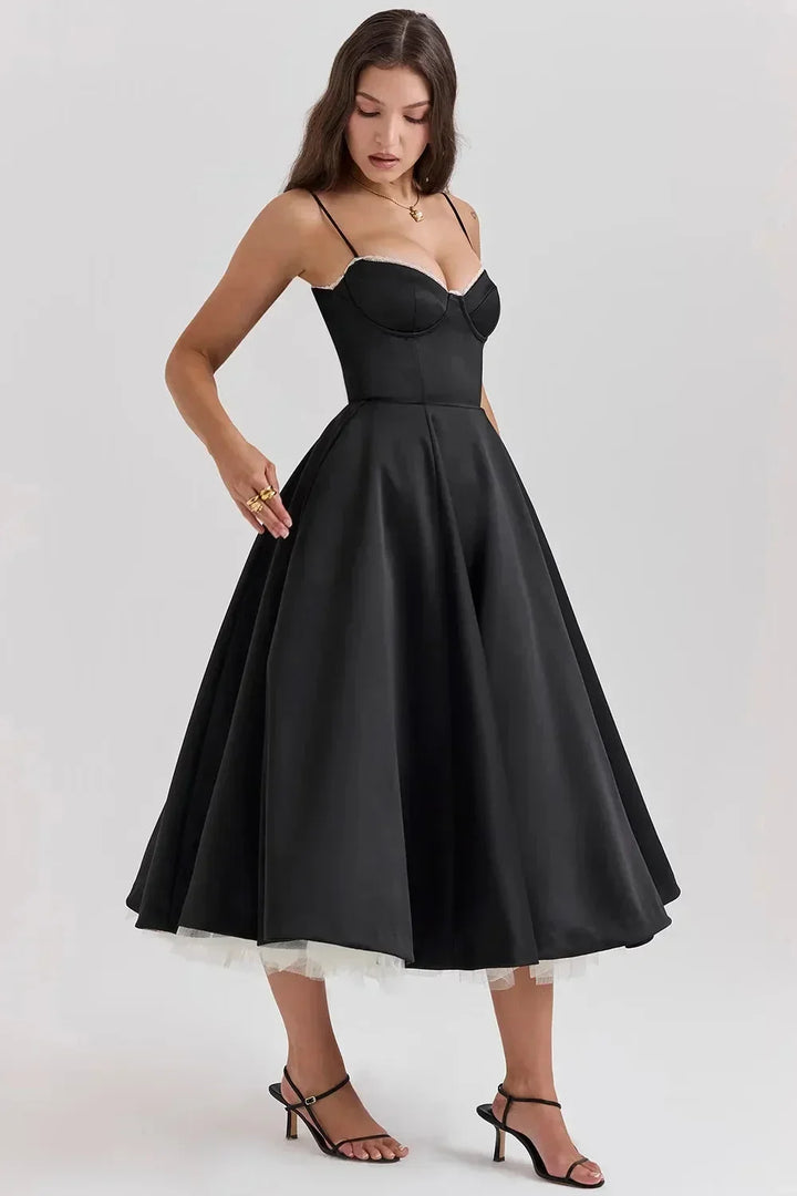 Élodie | Robe de Soirée Noire Corset Jupe Évasée Tulle