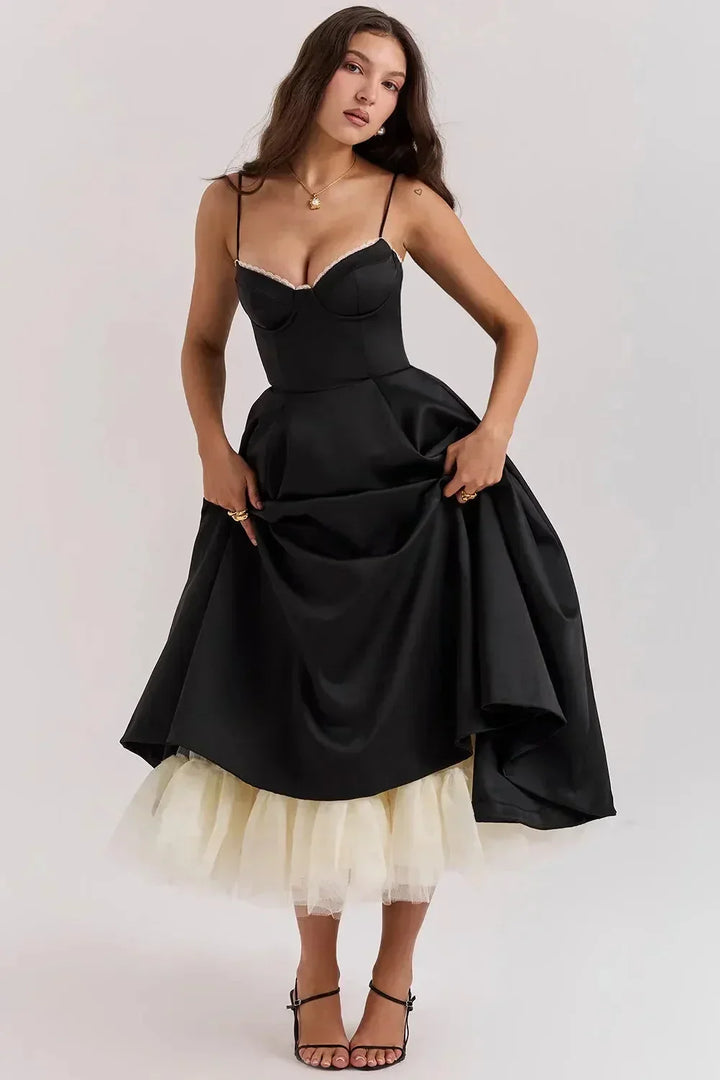 Élodie | Robe de Soirée Noire Corset Jupe Évasée Tulle