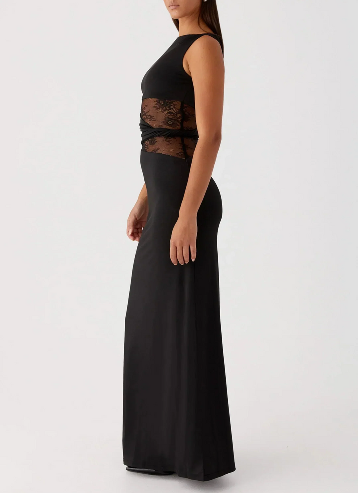 Émilie | Robe Longue Noire Ajustée Dentelle Sans Manches