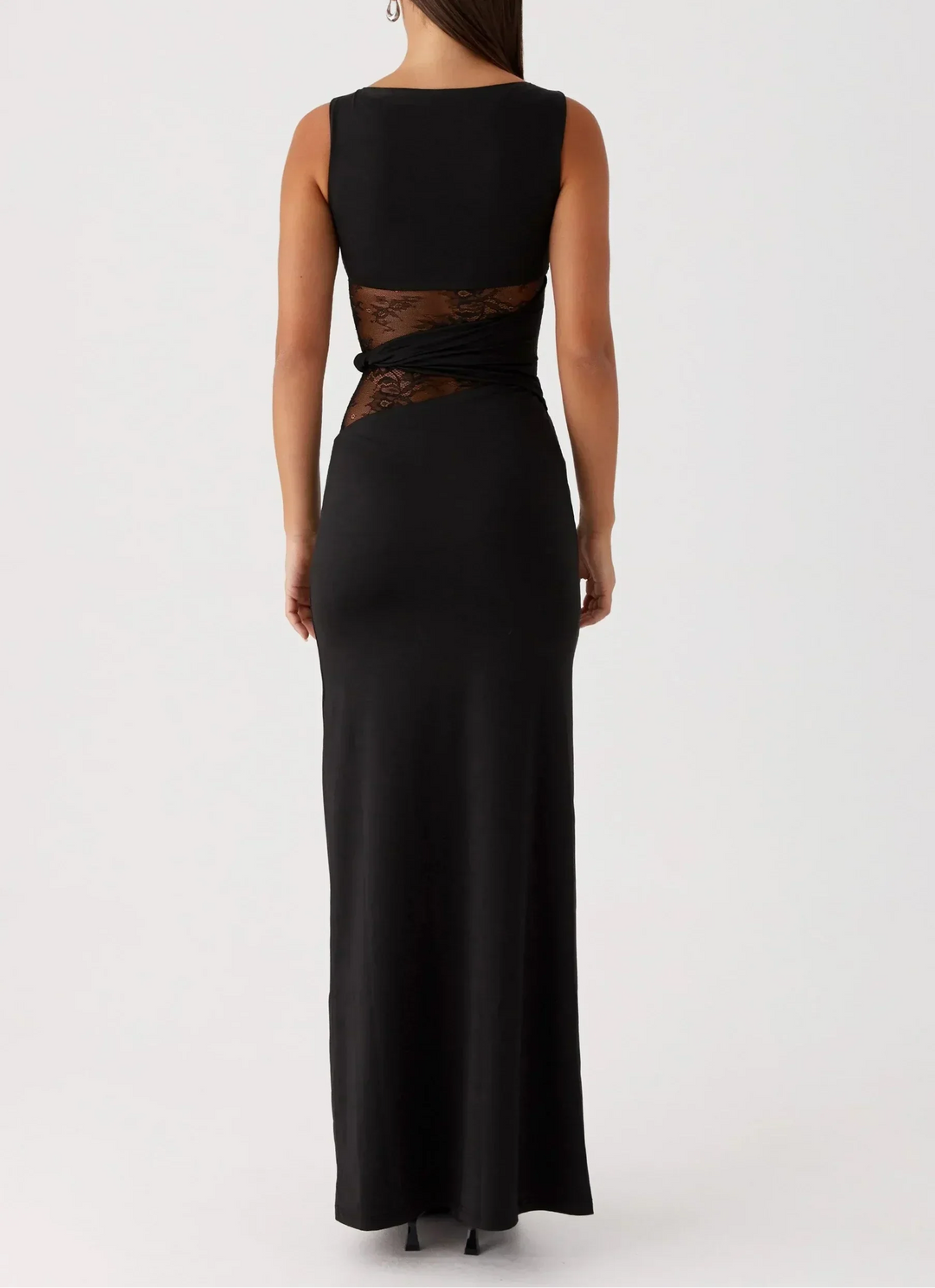 Émilie | Robe Longue Noire Ajustée Dentelle Sans Manches