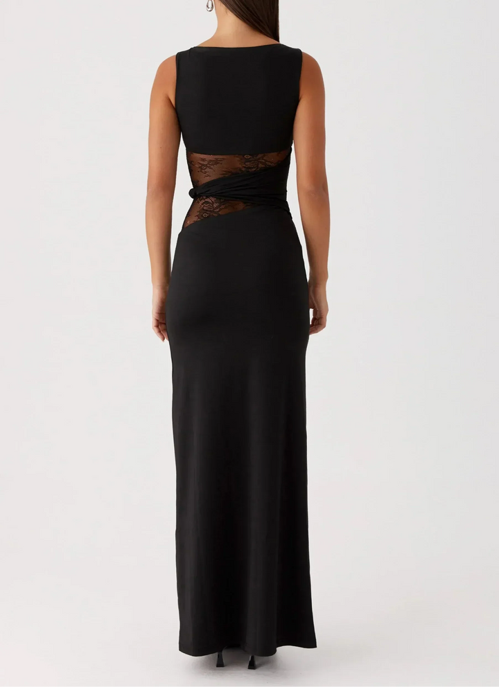 Émilie | Robe Longue Noire Ajustée Dentelle Sans Manches