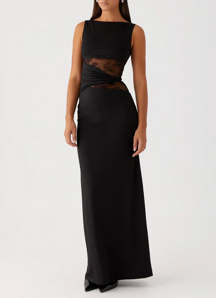 Émilie | Robe Longue Noire Ajustée Dentelle Sans Manches