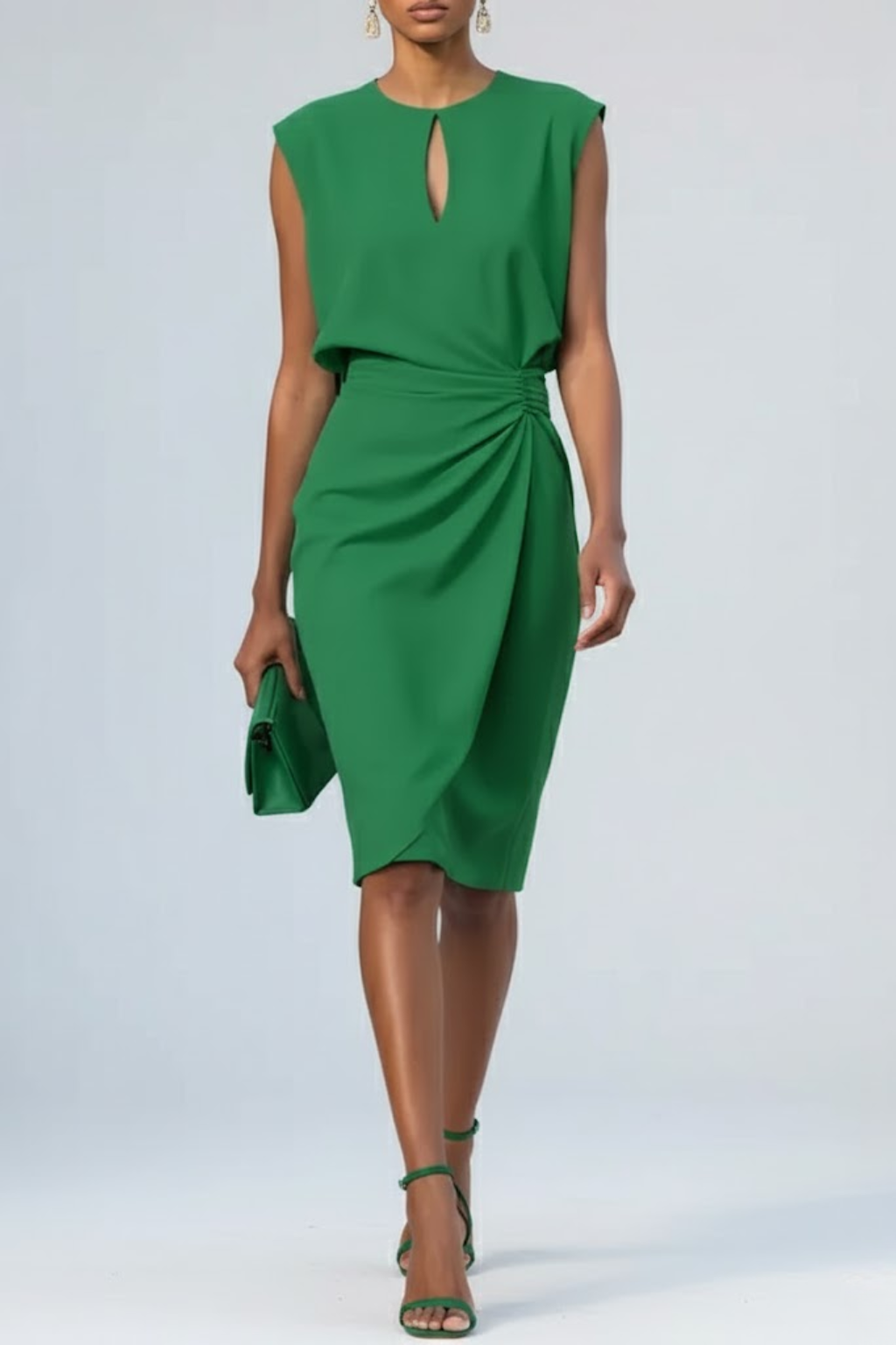 Émilie | Robe Midi Femme Froncée Col Keyhole