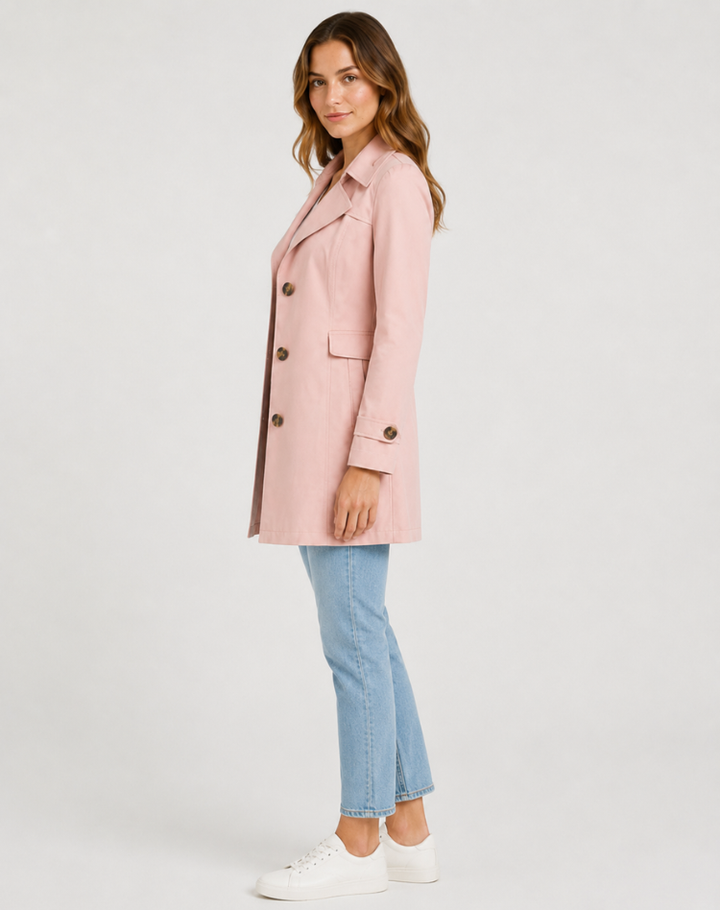 Émilie | Trench Coat Noir Femme Boutonné à Épaulettes