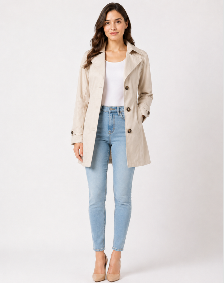 Émilie | Trench Coat Noir Femme Boutonné à Épaulettes