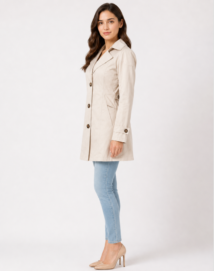 Émilie | Trench Coat Noir Femme Boutonné à Épaulettes
