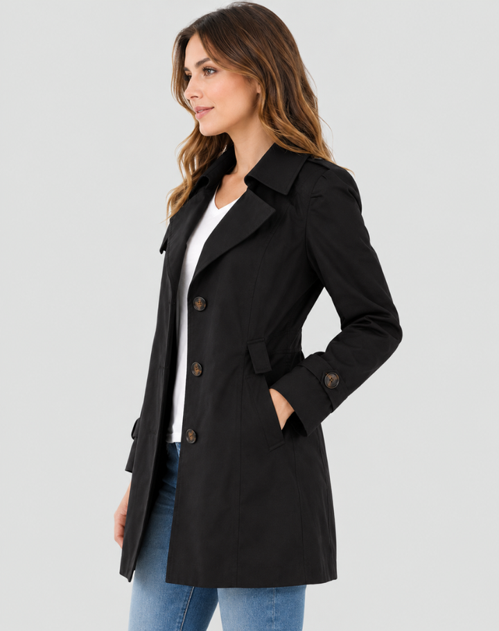 Émilie | Trench Coat Noir Femme Boutonné à Épaulettes