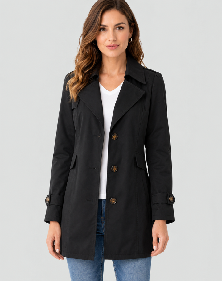 Émilie | Trench Coat Noir Femme Boutonné à Épaulettes