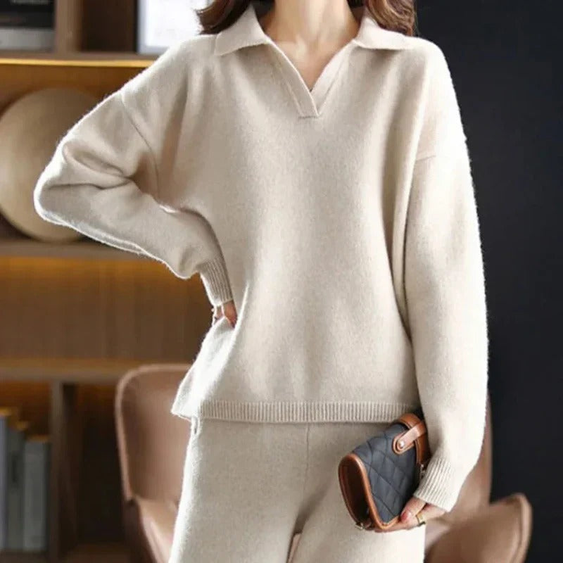 Floriane | Pull Polo Col V Crème Femme Manches Longues