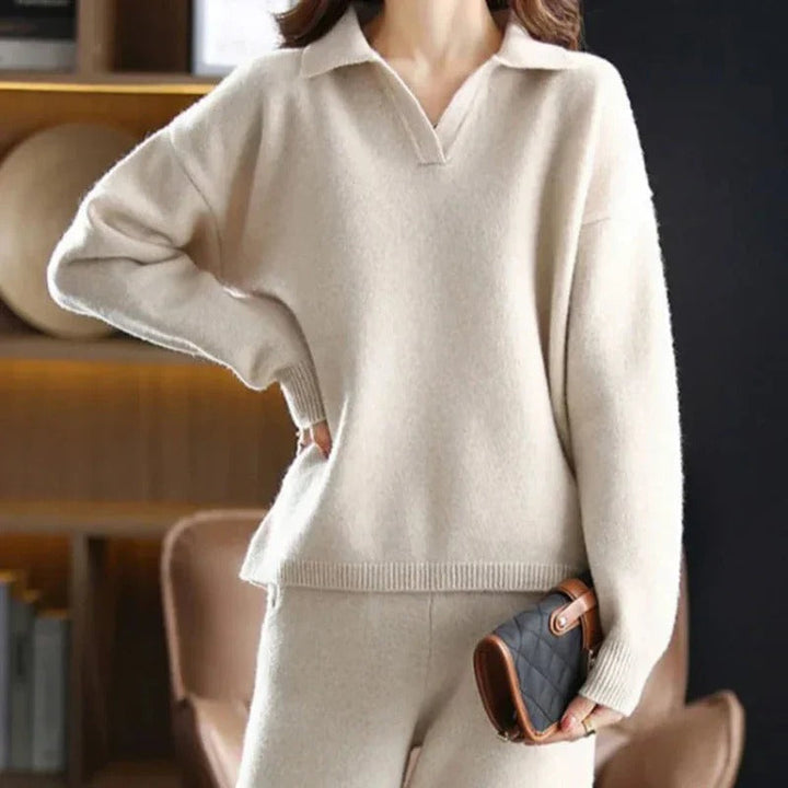 Floriane | Pull Polo Col V Crème Femme Manches Longues