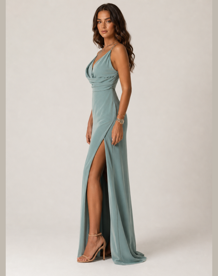 Floriane | Robe Longue Portefeuille Fendue Mousseline Vert Sauge