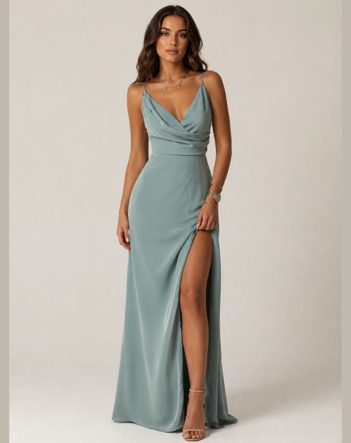 Floriane | Robe Longue Portefeuille Fendue Mousseline Vert Sauge