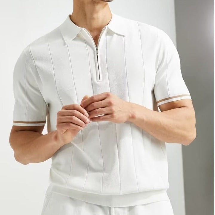 François | Polo Homme Rayé Blanc Demi-Zip Manches Courtes