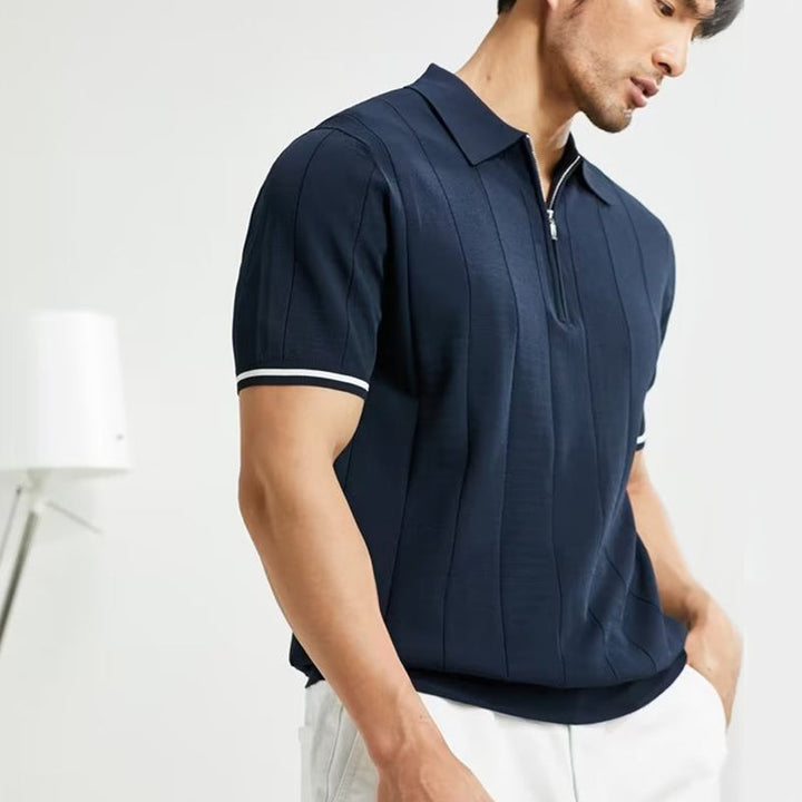 François | Polo Homme Rayé Blanc Demi-Zip Manches Courtes