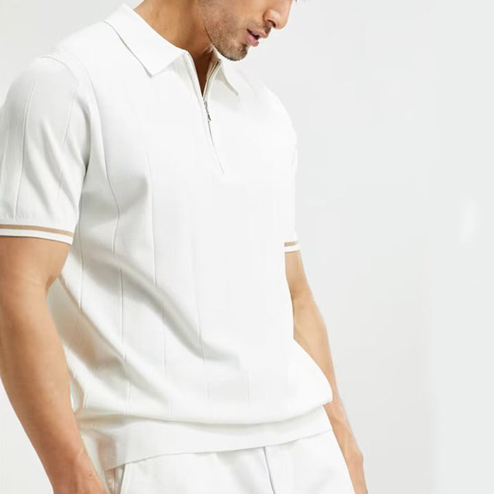François | Polo Homme Rayé Blanc Demi-Zip Manches Courtes