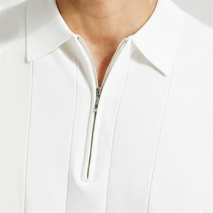 François | Polo Homme Rayé Blanc Demi-Zip Manches Courtes