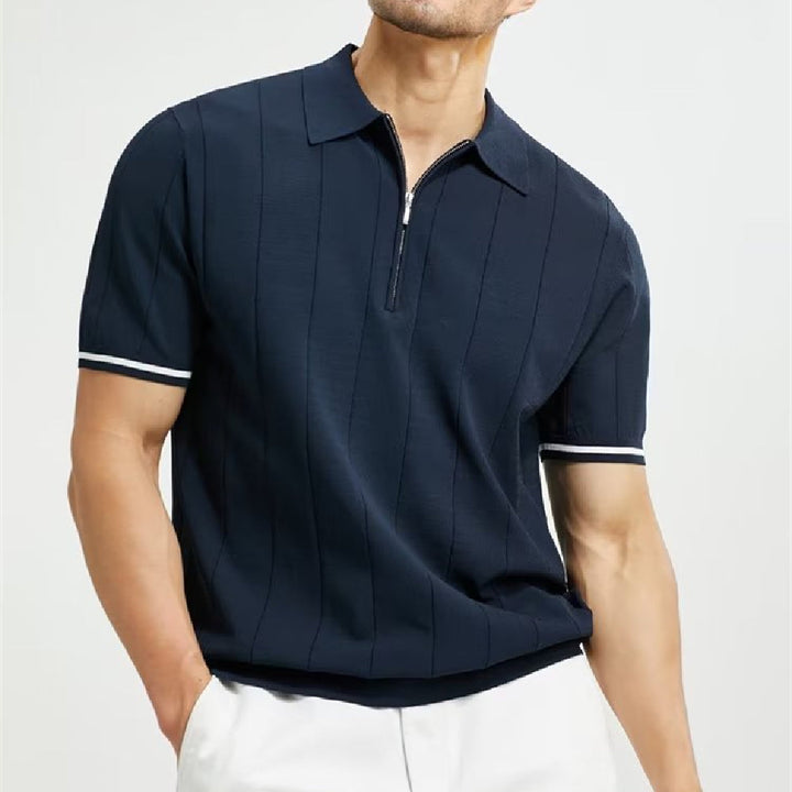 François | Polo Homme Rayé Blanc Demi-Zip Manches Courtes