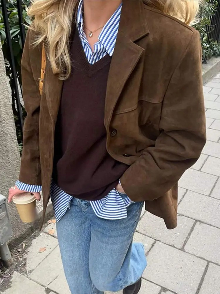 Gabrielle | Blazer Oversize Femme en Suédine Marron