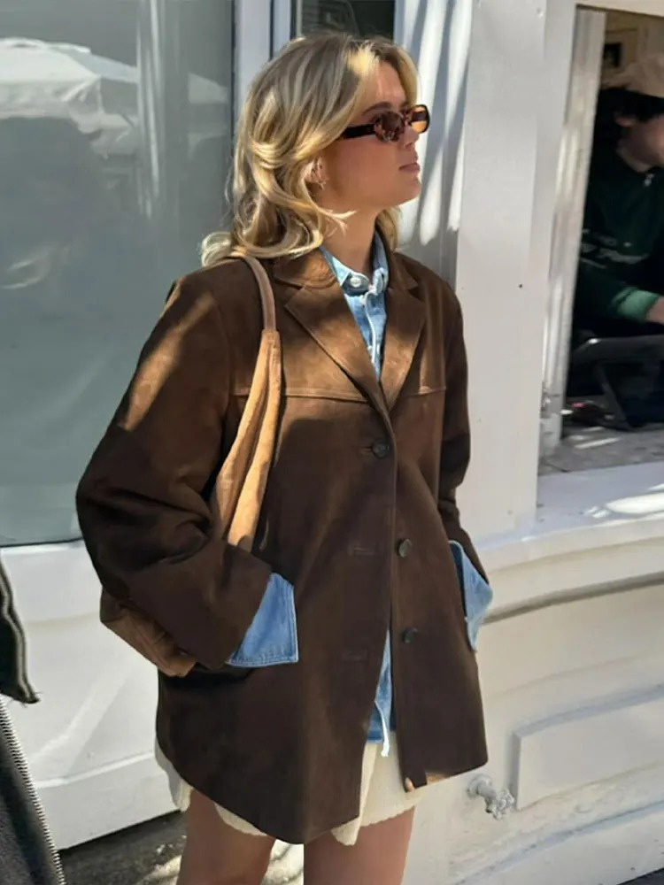 Gabrielle | Blazer Oversize Femme en Suédine Marron