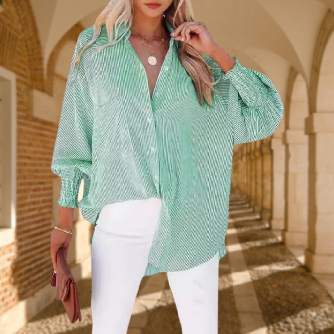 Gabrielle | Chemise Rayée Femme Épaules Dénudées Manches Longues