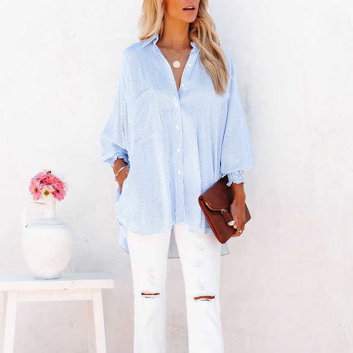 Gabrielle | Chemise Rayée Femme Épaules Dénudées Manches Longues